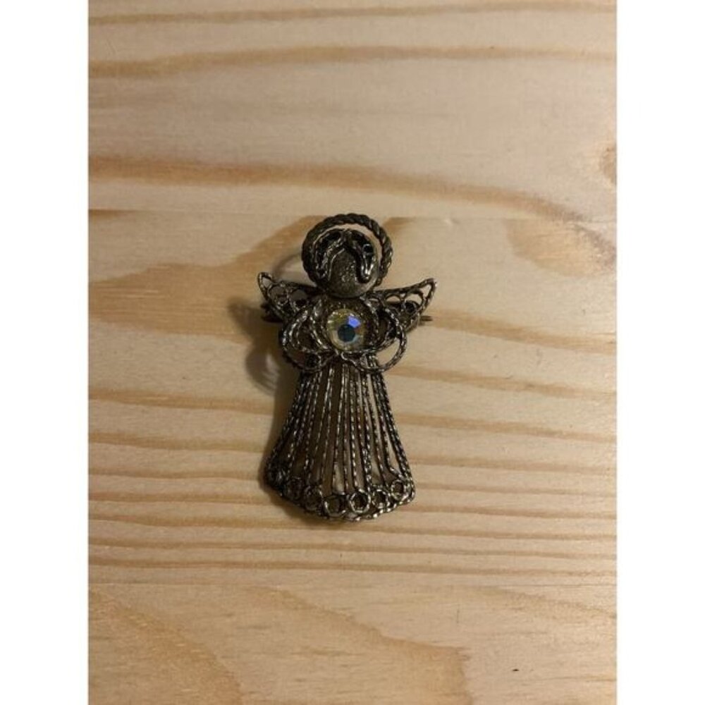 Vintage Filigree Guardian Angel Holding Clear Rhinestone